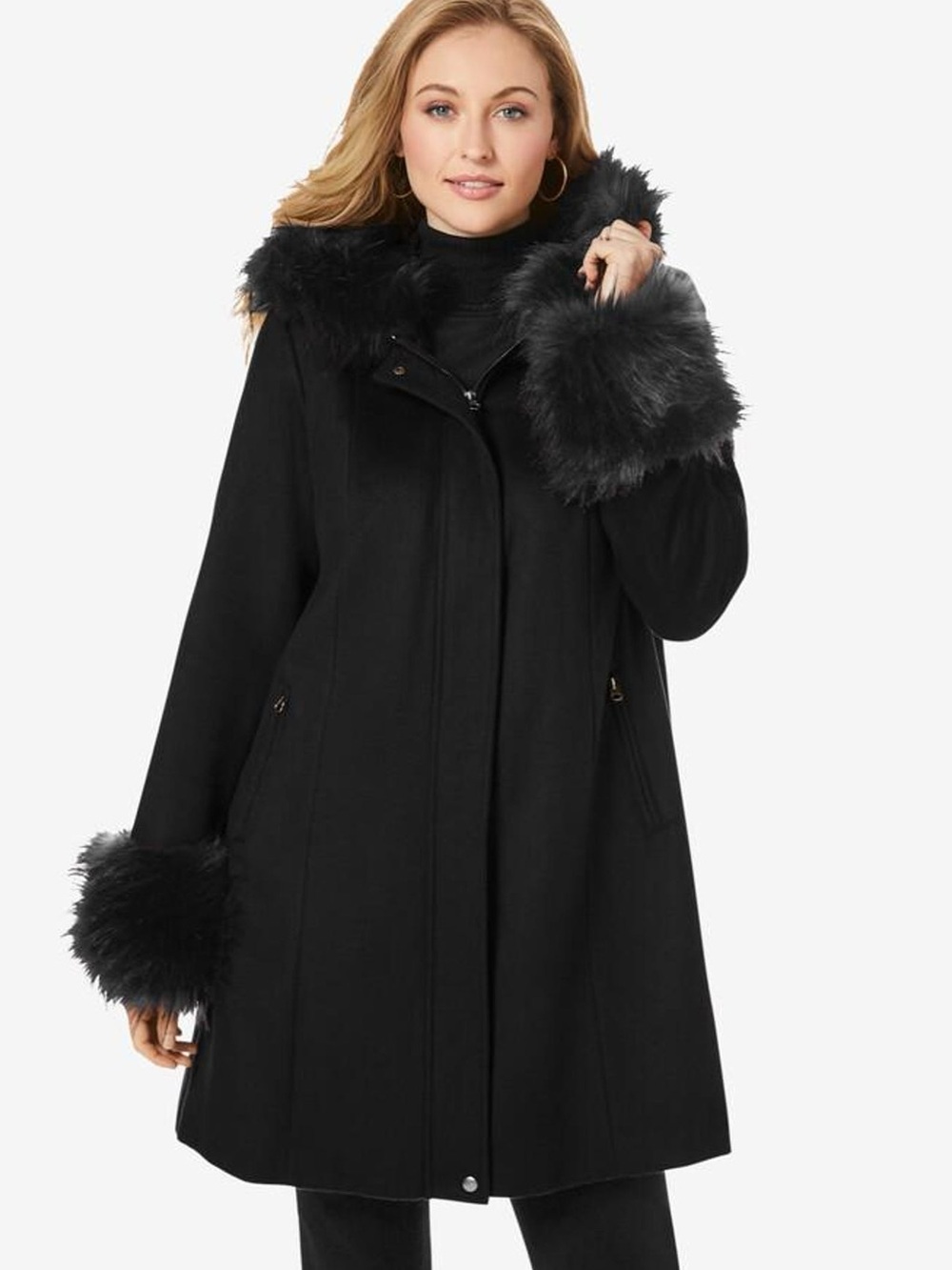 Jessica Black Faux-Fur Trim Pea Coat